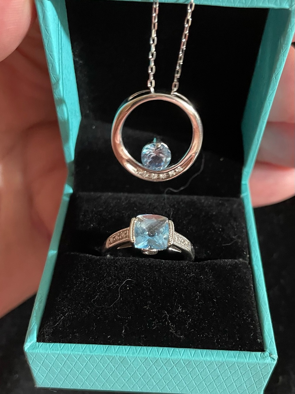 Solid 10KT White Gold Blue Topaz & Diamond Ring and Necklace Set